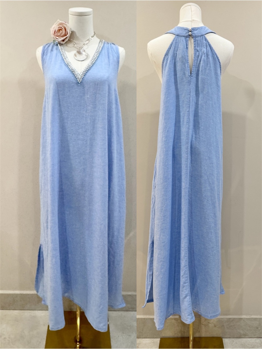 Calypso St. Barth Linen Blend Maxi Dress XL Pearl Beaded V-Neck Coastal Resort